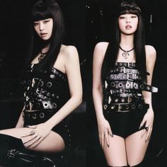 two pictures of a woman with black hair and piercings on her body, one is sitting down