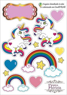 stickers with unicorns and rainbows in the sky, hearts, stars and clouds