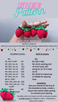 a hand holding three strawberries on top of it's fingers with the words free pattern