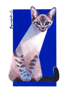 a drawing of a cat sitting in front of a blue background