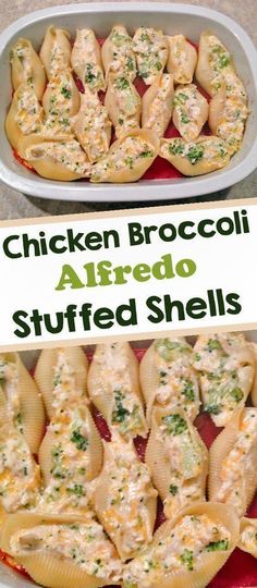 chicken broccoli alfredo stuffed shells in a casserole dish with text overlay