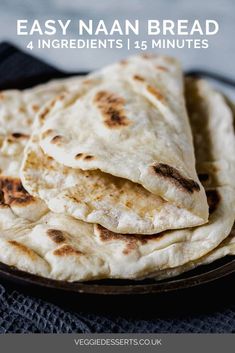 four flatbreads on a plate with text overlay that reads easy naan bread 4 ingredients 1 15 minutes