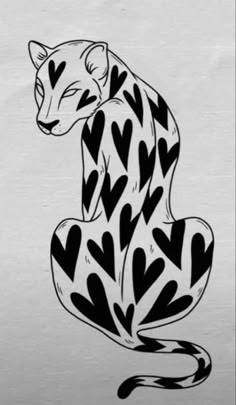 a black and white drawing of a cheetah sitting on its hind legs with hearts