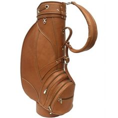 a brown leather golf bag with straps