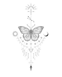 a black and white drawing of a butterfly with stars, moon and crescents on it