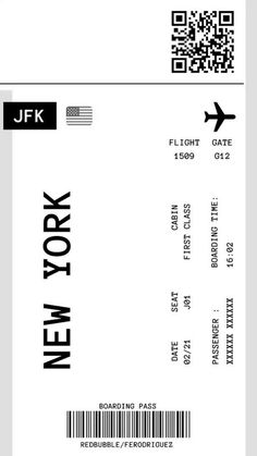 a new york boarding card with an airplane in the background