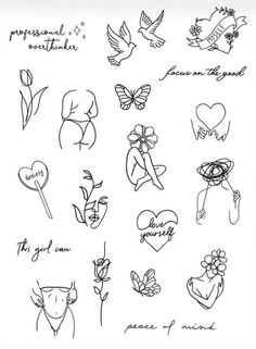 some drawings that have been drawn on the back of a paper with words and flowers