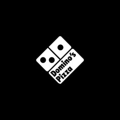 the domino's pizza logo is shown on a black background with white letters and dices