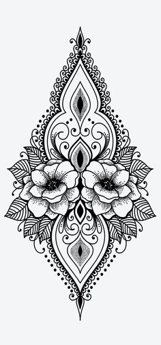 a black and white drawing of flowers on a white background with an ornate design in the middle