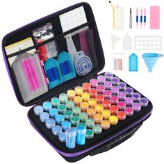 a purple case filled with lots of different colored pens and markeres next to other items