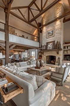 a living room filled with lots of furniture and a fire place in the middle of it