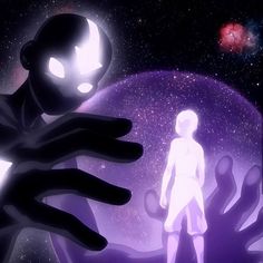 an alien standing in front of a person with their hand on his chest and the space behind him