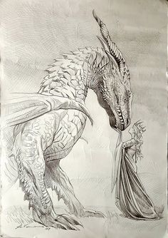 a drawing of a dragon holding a woman's hand with her head in the air