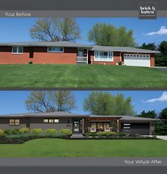 before and after photos of a house in the middle of a green yard with trees