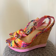 Elevate Your Style With These Beautiful Gianni Bini Floral Dressy Wedge Shoes In Size 8.5. The Stunning Design Features A Flattering Wedge Heel, Perfect For Any Occasion. The Shoes Are Made With High-Quality Materials And Are Brand New Without The Box. The Flowers Model And Flower Theme Add A Touch Of Elegance To The Shoes, Making Them A Great Addition To Any Wardrobe. The Wedge Heels Are Comfortable And Stylish, Perfect For Women Who Want To Look And Feel Amazing. Don't Miss Out On The Chance T Pink Platform Wedge Sandals For Vacation, Pink Ankle Strap Wedge Sandals For Summer, Pink High Heel Wedge Sandals For Summer, Pink Wedge Sandals For Beach, Pink Open Toe Wedge Sandals For Spring, Pink Wedge Heels For Summer, Pink Synthetic Wedge Sandals For Vacation, Pink Platform Wedge Sandals For Spring, Pink Wedge Sandals For Vacation