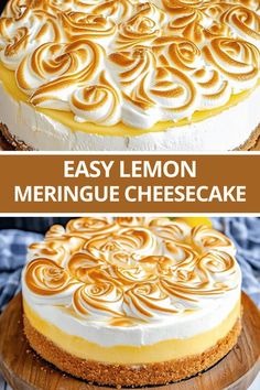 lemon meringue cheesecake on a wooden platter