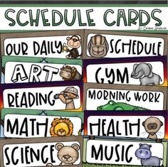 an animal themed schedule card with animals and words on it to help students learn how to read