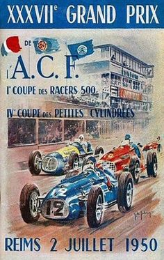 an old race poster with two racing cars