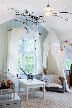 Adorable ideas for cozy kids' reading nooks. Don't have to be a kids room, I have been wanting to do a twig with birds on it for some time now. Reading Nook Kids, Design Del Prodotto, Big Girl Rooms, In The Room, Kids Playroom, Kid Spaces, My New Room, Reading Nook, The Room