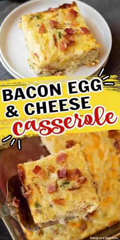 bacon egg and cheese casserole on a white plate with the title above it