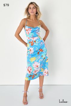 Perfect soiree style is easy to achieve in the Lulus Flowering Forever Blue Floral Cowl Neck Backless Midi Dress! Sleek woven fabric boasts a lush floral print as it shapes this perfect dress. Slender spaghetti straps lace up the open back, supporting a sleeveless bodice with a cowl neckline and a fitted waist. Airy skirt falls to a midi hem to complete the look. Hidden zipper/clasp at back. Fit: This garment fits true to size. Length: Mid-calf length. Size medium measures 40" from adjustable st Blue Spaghetti Strap Midi Dress For Garden Party, Blue Midi Dress With Spaghetti Straps For Garden Party, Blue Floral Print Midi Dress For Cocktail, Blue Midi Dress For Summer Cocktail, Blue Cocktail Midi Dress For Summer, Backless Midi Dress, Italy Outfits, Lulu Fashion, Cocktail Attire