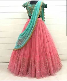 Cute Lehanga, Blue Combination Dress, Long Skirt Top Designs, Pleated Lehenga, Mom Daughter Matching Dresses, Long Blouse Designs