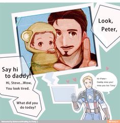 an image of a man holding a baby in his arms with the caption'say hi to daddy, hey steve now you look tired what did you do today? '