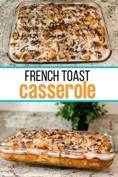 french toast casserole in a glass baking dish