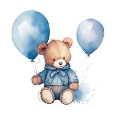 a watercolor painting of a teddy bear holding two blue balloons