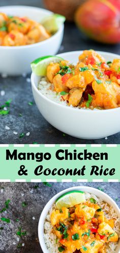 mango chicken and coconut rice in white bowls with green garnish on the side