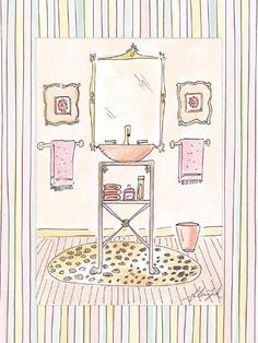 a drawing of a bathroom with a sink, mirror and leopard rug on the floor