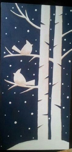 a painting of two birds sitting on branches in the snow