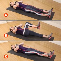 a woman is doing an exercise on the floor with resistance straps and holding her hands behind her back