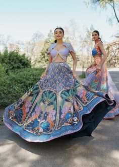 Lyons: Tropical Blue Printed and Embellished Full Lehenga Carnival Theme Indian Wedding Outfit, Carnival Dresses Indian, Indian Carnival Outfits, Ethenic Wears, Funky Vibes, Different Wedding Dresses, Indian Bridesmaid Dresses, Carnival Dress, Printed Lehenga