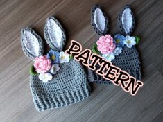 two crocheted bunny hats with flowers on them sitting on a wooden floor next to the word pattern