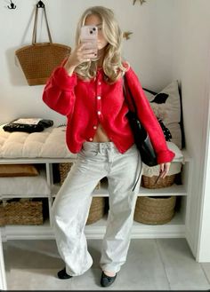 Red Sweater Fall Outfit, Red Button Up Sweater Outfit, Red Beret Outfit Aesthetic, Outfits With Red Sweater, Coquette Sweater Outfit, Red Cashmere Sweater Outfit, Button Down Sweater Outfits, Navy And Cream Outfit, Red Sweater Vest Outfit