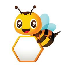 a cartoon bee holding a blank sign in its right hand and smiling at the camera