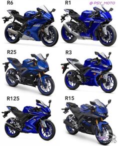 six different types of motorcycles are shown in this image, each with the same color scheme