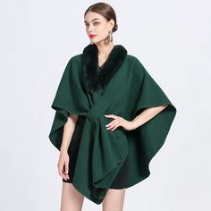 Faux Rabbit Fur Collar Half Sleeve Poncho Women Loose Knit Cape High quality fashion elegant cape shawl coatHigh-grade faux rabbit fur collar and artificial wool, feels the same to the touch as the real thingOne Size:Oversize Relaxed style, suitable for allUnrestricted bust, length is 83cm Elegant Cape, Poncho Women, Winter Poncho, Cape Fashion, Loose Knit Cardigan, Cape Shawl, Knitted Cape, Fur Shawl, Poncho Style