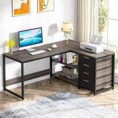 Ample Space & Versatile Design - Discover unlimited workspace with our corner desk featuring two generously-sized desktops and a 2-tier shelf plus 4 drawers. Store your essential files or items neatly. The reversible L-shaped design lets you customize the desk to your space and needs. Robust Construction - Built with E1 particle board and a sturdy metal frame, this desk ensures durability and a high weight capacity. Adjustable feet make it stable, even on an uneven floor. Multi-Functional & Stylish - Our desk exudes industrial charm with its unique black and brown finishes, blending seamlessly into your home office. It's perfect for use as a computer table, office desk, study table, or an executive desk. Effortless Assembly & Quality Service - With provided clear instructions, numbered par Corner Desk With Shelves, Desk Blue, L Shaped Computer Desk, L Shaped Office Desk, Computer Desk With Storage, Desk With Shelves, Large Computer Desk, L Shaped Corner Desk, Black Veins