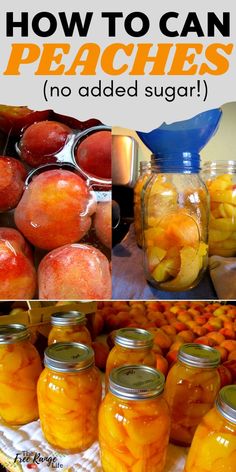 jars filled with peaches sitting on top of a table