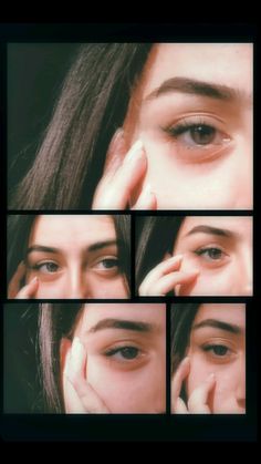 four different pictures of a woman's eyes and hands