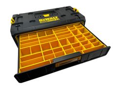 a tool box filled with lots of yellow drawers