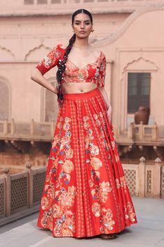 Red bemberg silk lehenga with floral digital printed motifs and sequins embroidery. Comes with a zari embroidered blouse. - Aza Fashions Traditional Festive Lehenga With Printed Motifs, Festive Silk Lehenga With Printed Motifs, Silk Lehenga With Printed Motifs For Festive Occasions, Elegant Navratri Choli With Printed Motifs, Semi-stitched Digital Print Choli For Wedding, Festive Art Silk Choli With Printed Motifs, Traditional Wedding Wear With Digital Print, Silk Lehenga With Digital Print For Festivals, Festive Silk Lehenga With Digital Print