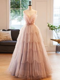 Gorgeous V Neck Beaded Layered Champagne Tulle Long Prom Dresses, Champagne Formal Evening Dresses, Ball Gown SP2568 Champagne Formal Dress, Layered Prom Dress, Prom Dress Champagne, Champagne Formal Dresses, Tulle Party Dress, Vestidos Color Rosa, Dress Champagne, Pink Formal Dresses, Beaded Tulle