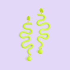 Tube Squiggles Dangly Funky hand-made Statement Earrings in Neon Yellow #color_neon-yellow Euro Coins, Deep Purple Color, Feather Crafts, Statement Earring, Emerald Color, Black Neon, Lavender Blue, Feather Light, Taupe Color