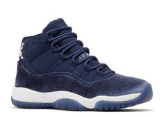 These Jordan 11’s are an all navy blue shoe with a white midsole. The base is the usual Jordan 11’s design in navy blue. Then there is wrap all the way around shoe that os navy blue suede. The outsole is then navy blue rubber. On the outward side of the shoe is the signature jumpman logo, but instead of it being embroidered or stamped. it is a metallic silver emlbem embedded on the shoe. 49ers Outfit, Jordan 4’s, Jordan Yeezy, Jordan Retro 11, Navy Blue Shoes, Blue Jordans, Retro 11, Flight Club, Jumpman Logo