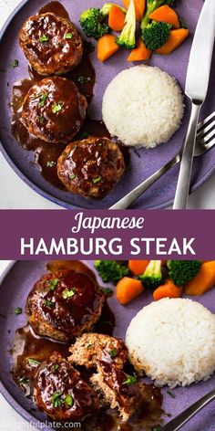 japanese hamburger steak on a plate with rice and broccoli