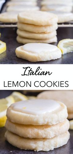 lemon cookies are stacked on top of each other with the words italian lemon cookies above them