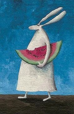 a painting of a white rabbit holding a slice of watermelon